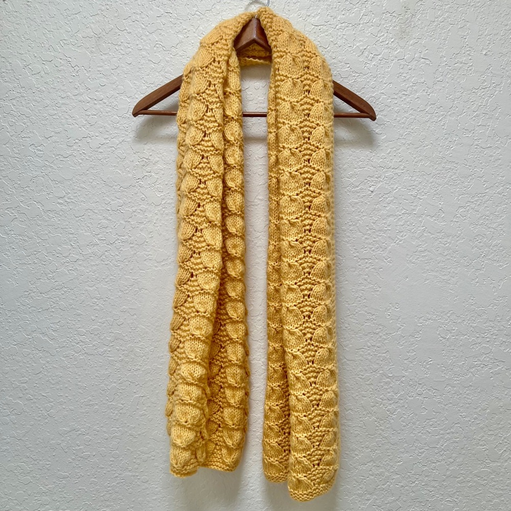 Handmade Mustard Yellow Textured Knit Scarf Leaf Pattern Gold Chunky Scarf Warm